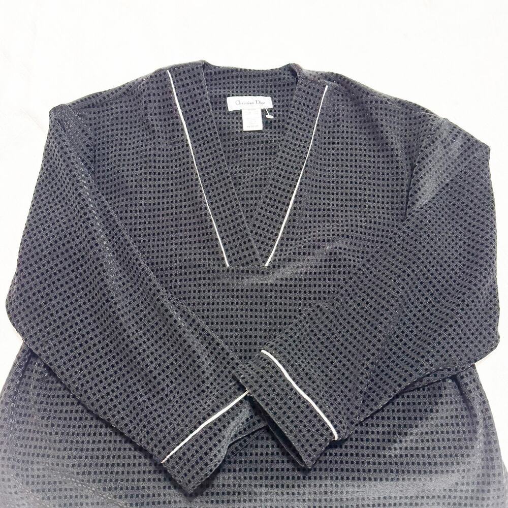 Christian Dior Velous Black Long Sleeve Patterned Robe White Trim Size Medium